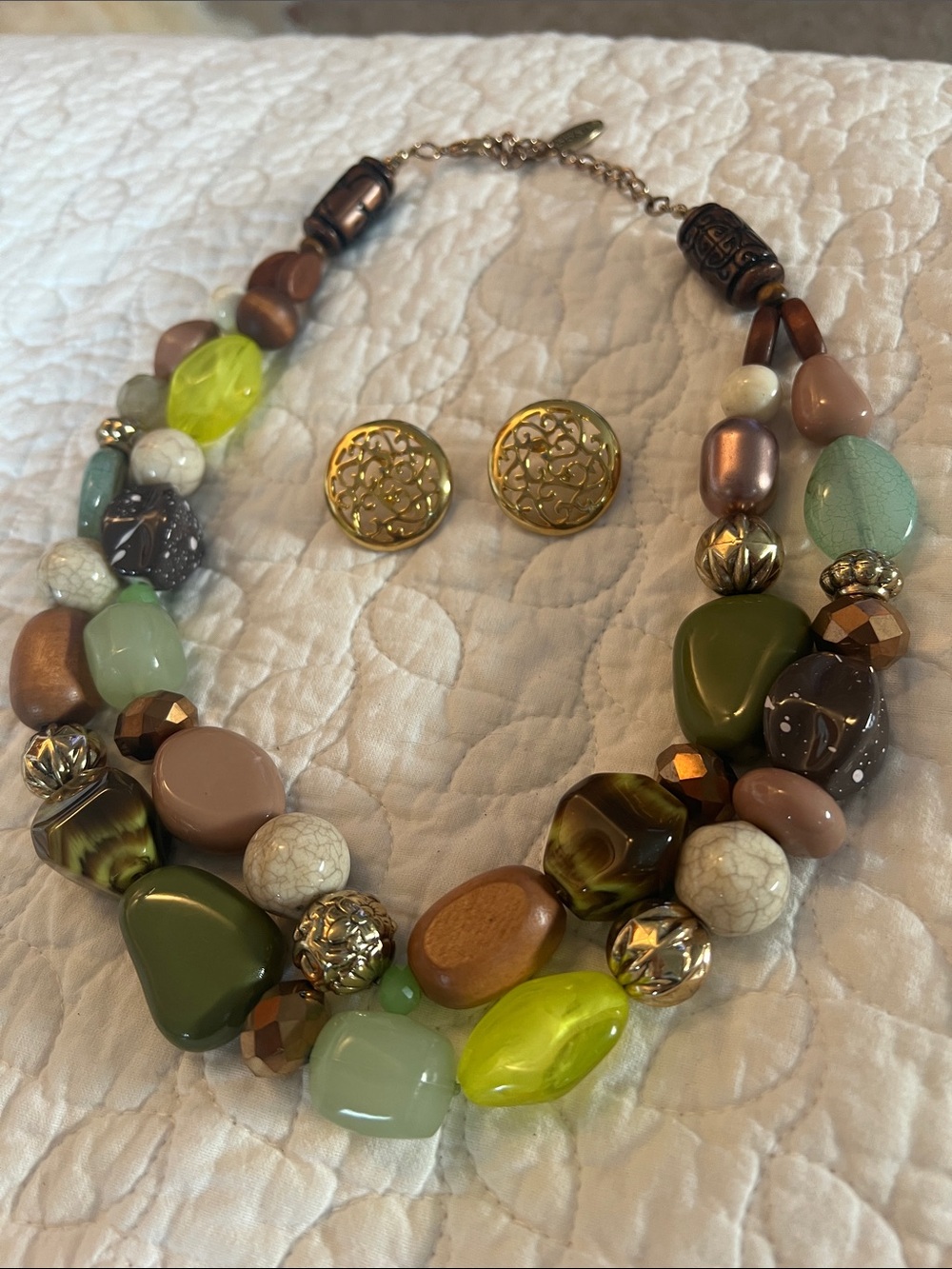 Multicolor Bead Statement Necklace with Gold Filigree Earrings
